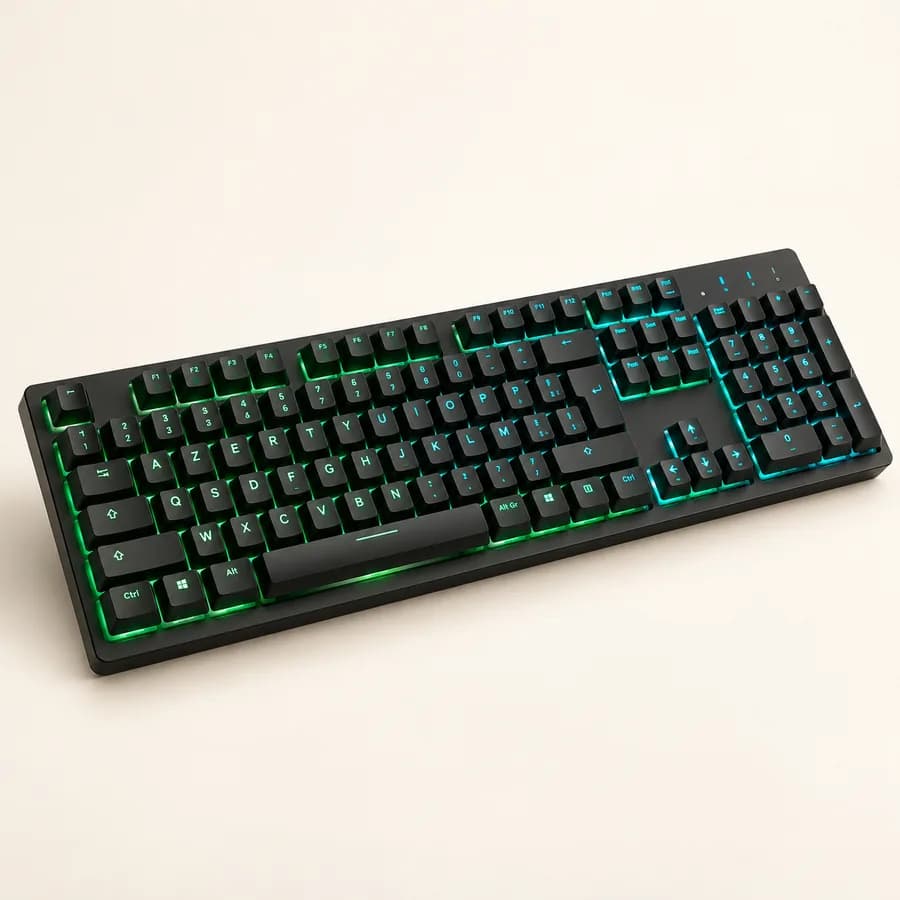 Illustration : clavier gaming complet noir avec éclairage RGB vert et bleu