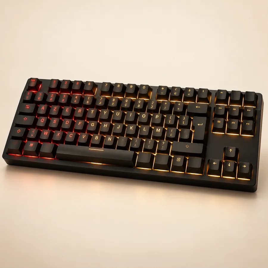 Illustration : clavier gaming TKL noir avec éclairage RGB rouge et ambre