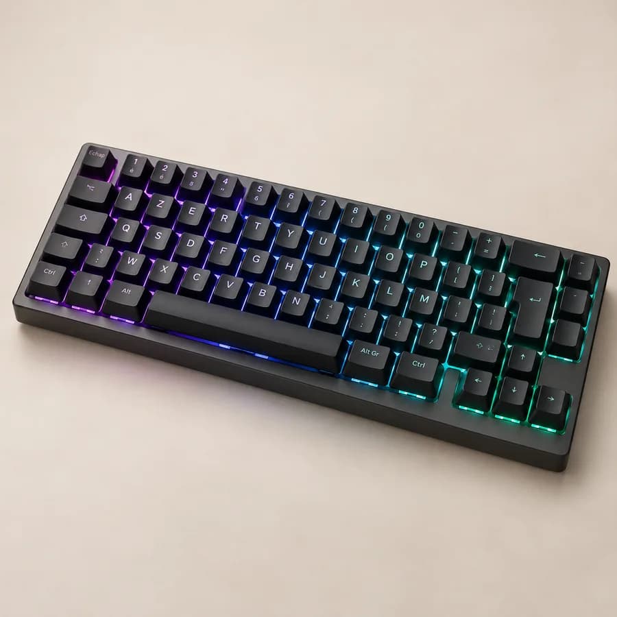 Illustration : clavier gaming TKL graphite avec éclairage RGB violet et turquoise