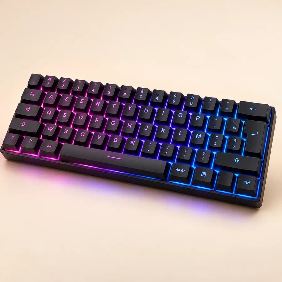 Illustration : clavier gaming compact 60 % avec éclairage RGB rose et bleu