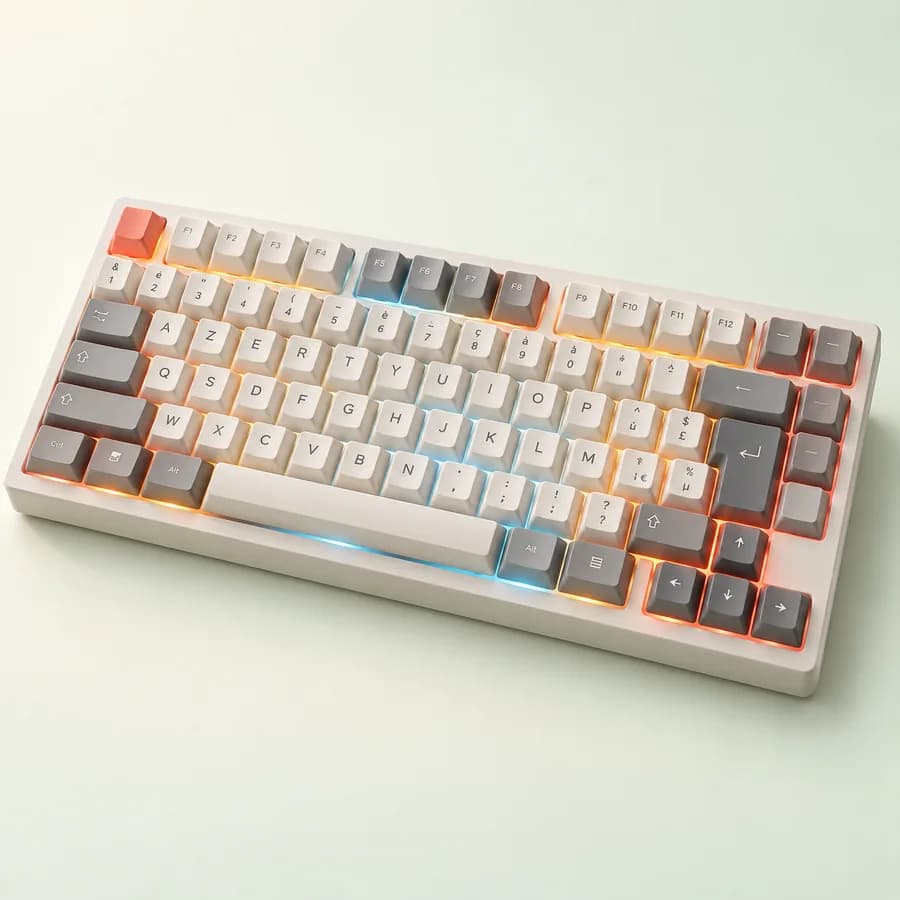 Illustration : clavier gaming 75 % blanc avec éclairage RGB corail et bleu
