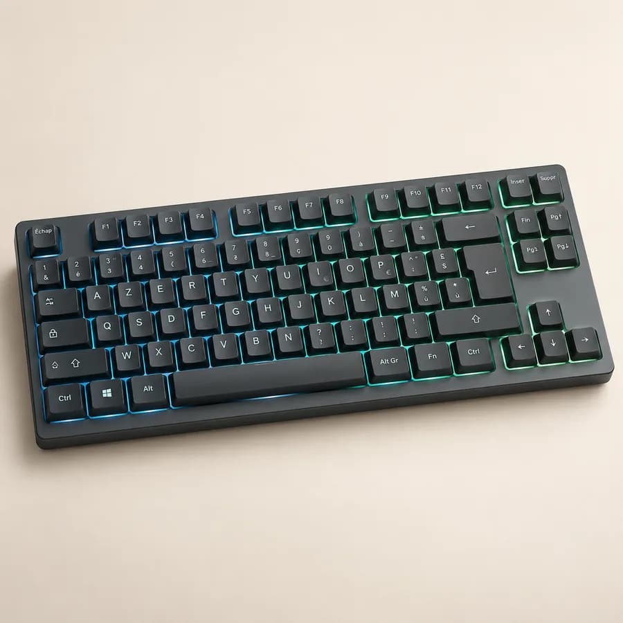 Illustration : clavier gaming TKL bas profil avec éclairage bleu et vert