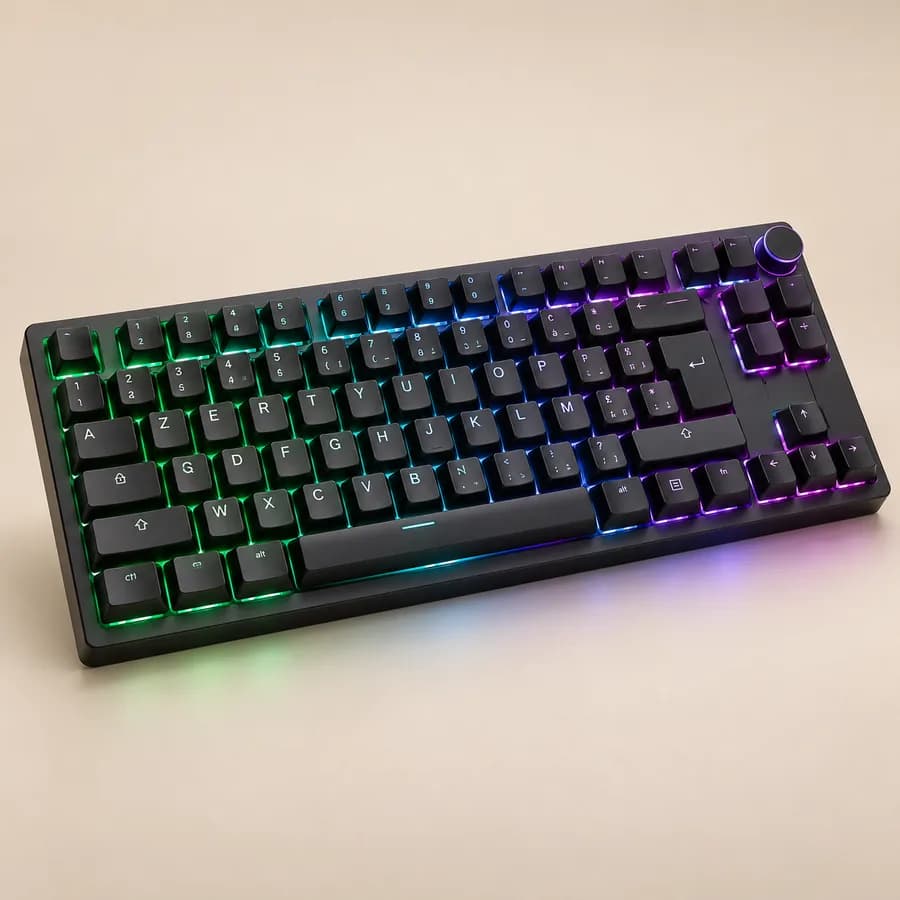 Illustration : clavier gaming TKL premium avec éclairage RGB vert et violet